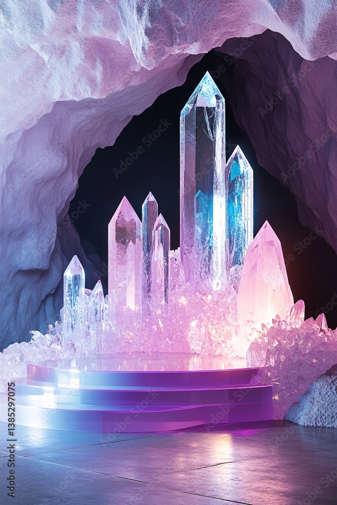Poster enormous luminescent crystals are appearing in a cavern with a multi-tiered platform