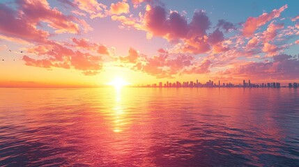 Obraz premium Sunset over cityscape skyline, tranquil ocean, tranquil view, perfect for background