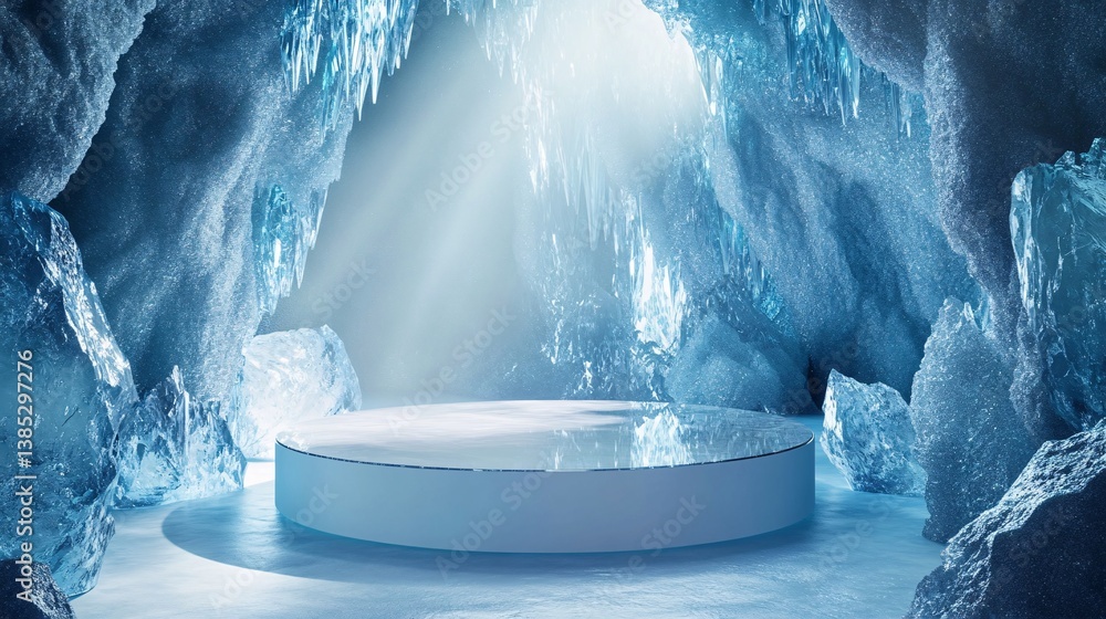Poster product placement is illuminated by a round empty stage inside a blue ice cave