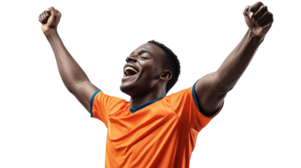 A cheerful African American soccer player celebrating a goal, arms raised in victory, wearing a modern football kit, showcasing joy and athleticism,