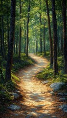 Obraz premium Sunlit Forest Path: A Serene Walk Through Nature's Embrace