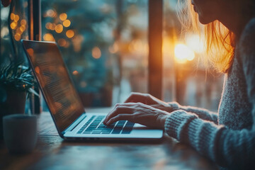 Retired woman learn using laptop, search websurfing information on internet. Elderly people and modern wireless tech usage concept, Generative AI