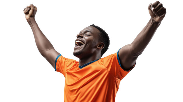 A cheerful African American soccer player celebrating a goal, arms raised in victory, wearing a modern football kit, showcasing joy and athleticism,
