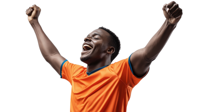 A cheerful African American soccer player celebrating a goal, arms raised in victory, wearing a modern football kit, showcasing joy and athleticism, - Powered by Adobe
