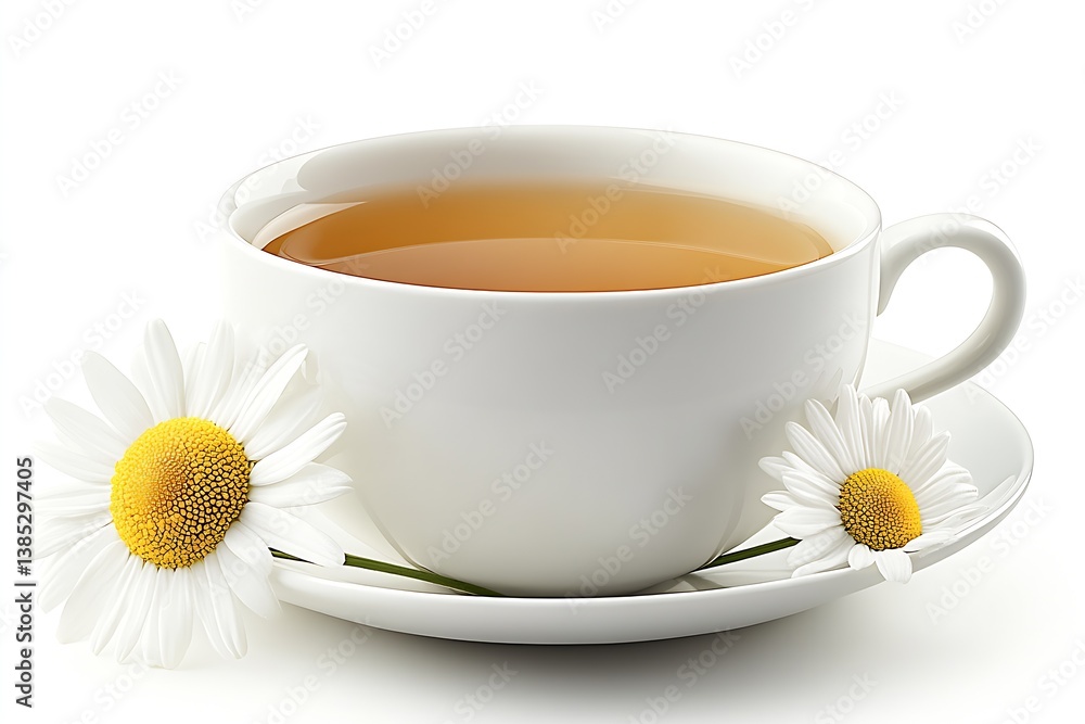 Poster elegant white cup of tea on a saucer with fresh daisy flowers adding charm to the scene : generative