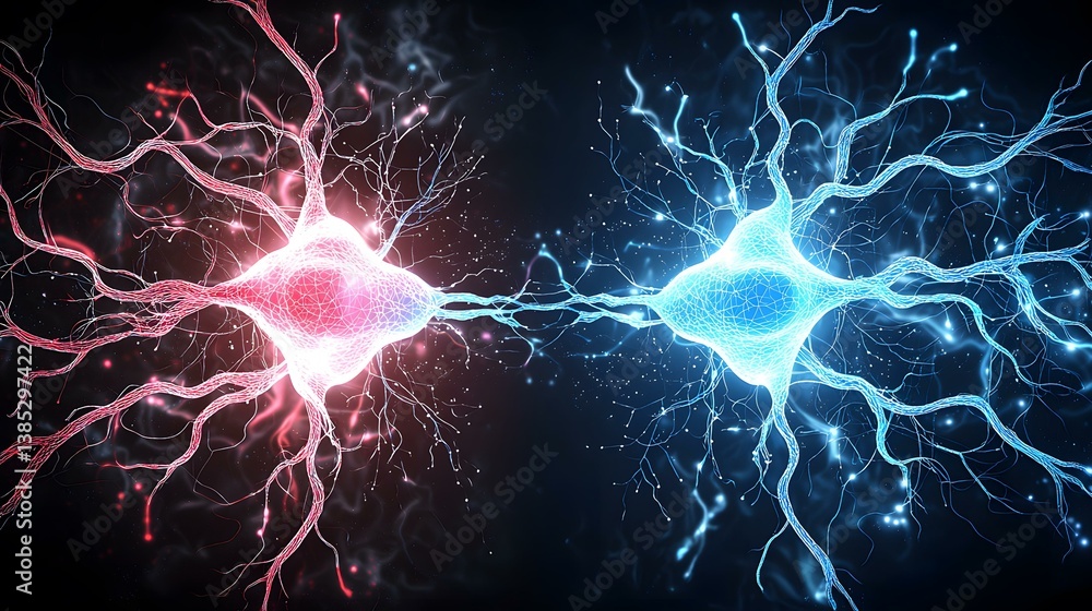 Poster the image shows two neurons, one glowing red and the other blue, connected by a synapse. their branc