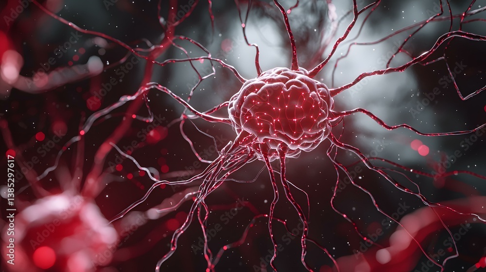 Poster the image shows a stylized 3d rendering of a neuron, with its soma (cell body) and numerous dendrite