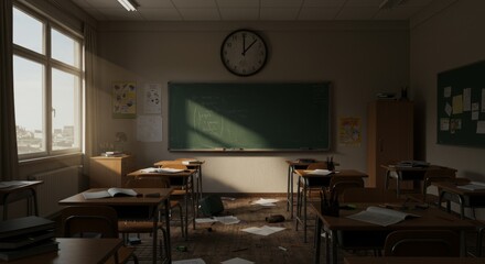 Classroom scene evoking disruption in education, featuring desks, chalkboard, and a clock