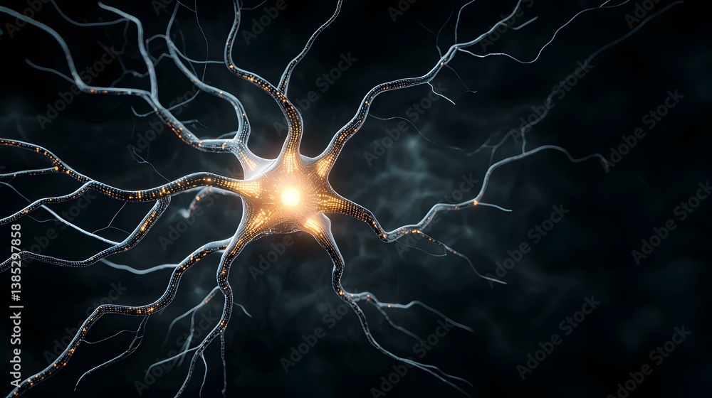 Poster the image shows a stylized neuron, its branches illuminated with glowing points of light against a d