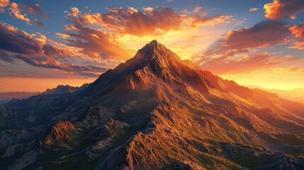 Fototapeta premium Majestic mountain peak sunset, dramatic sky, adventure background, travel imagery