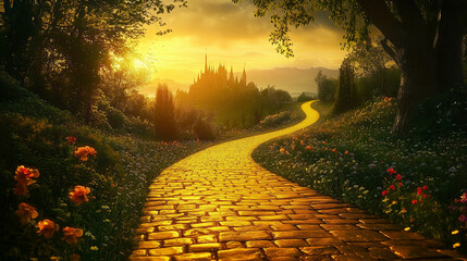 Enchanted yellow brick road leading to magical emerald city in springtime , Fantasy, Oz, Magicians