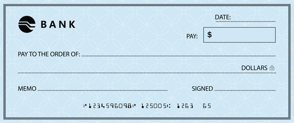 Blue Bank check, vector blank money cheque, checkbook template with guilloche pattern and fields. Currency payment coupon, money check background	