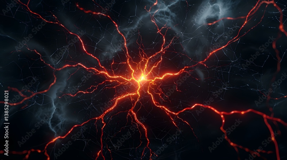 Aufkleber the image shows a digital rendering of a network of glowing red lines resembling veins or nerves, em