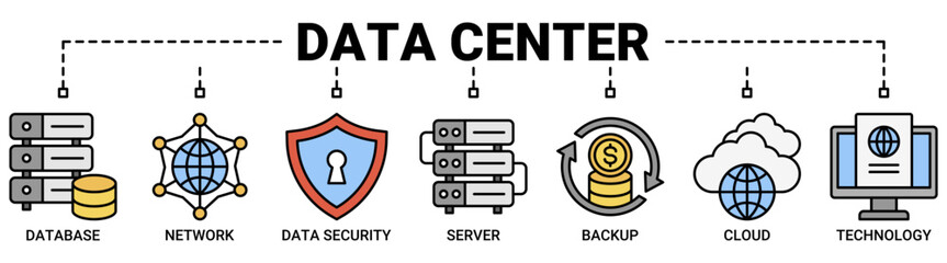 Data center banner web icon vector illustration concept with icon of database, network, data security, server, backup, cloud and technology icons symbol background.