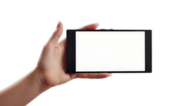 A clean and professional hand model holding a smartphone horizontally, blank screen ready for a dynamic video app layout, natural lighting and detailed textures,