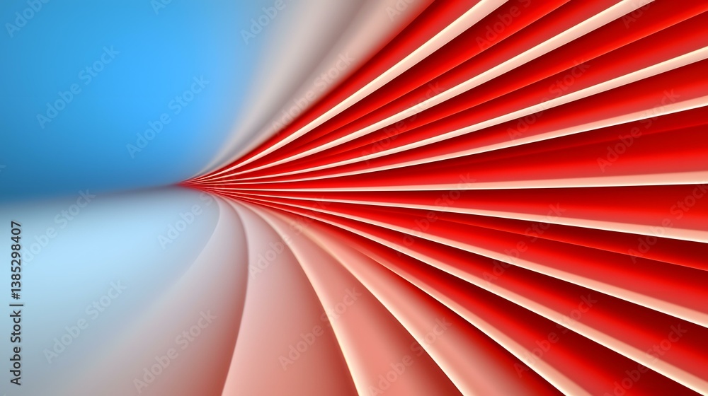 Poster the image shows an abstract design of red and white stripes curving from the bottom right towards th