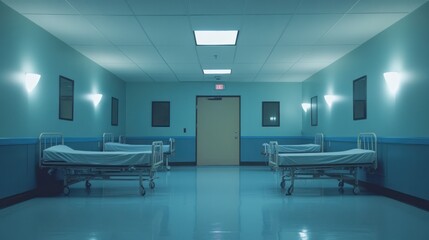 Empty hospital hallway at night, beds, quiet, healthcare, use stock photo