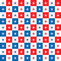 Seamless pattern in blue red white color with stars and circles.Concept of America, USA military veterans.Geometric abstract background vector graphic illustration.