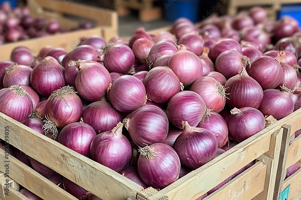 Poster fresh and vibrant red onions stacked in wooden crates at a local market : generative ai