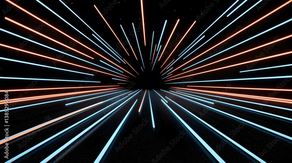 Poster the image shows many radiating blue and orange neon lines converging towards a central vanishing poi