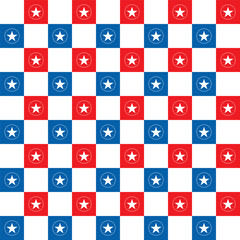 Seamless pattern in blue red white with stars and circles .Concept of America, USA flag, military veterans day.Geometric abstract background vector graphic illustration.