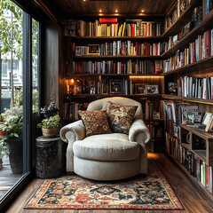 A cozy reading nook with a comfortable armchair, floor-to-ceiling bookshelves, and soft lighting