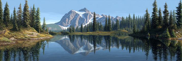 Panoramic photo of Lake. The lake is clear and calm, reflecting the surrounding mountains and trees in its surface. In front of it stands Mount Hood with snow-capped peaks against a blue sky backgroun