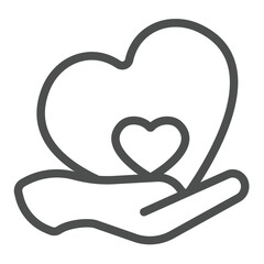Hearts in hand line icon, charity concept. Vector graphics. Hand with love heart, donation sign on white background, outline style icon for mobile or web design.