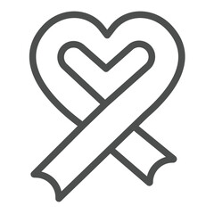 Heart shaped cancer ribbon line icon, charity concept. Vector graphics. Cancer cure ribbon, tape sign on white background, outline style icon for mobile or web design.