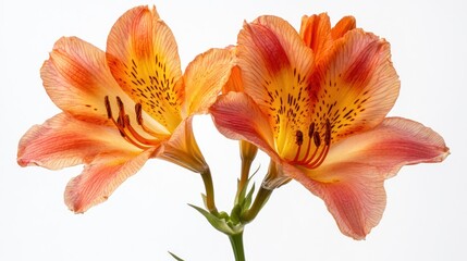 Fototapeta premium Two Orange Alstroemeria Flowers Against White Background