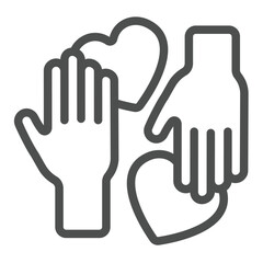 Human hands and hearts line icon, charity concept. Vector graphics. Love sharing and exchange, likeness sign on white background, outline style icon for mobile or web design.