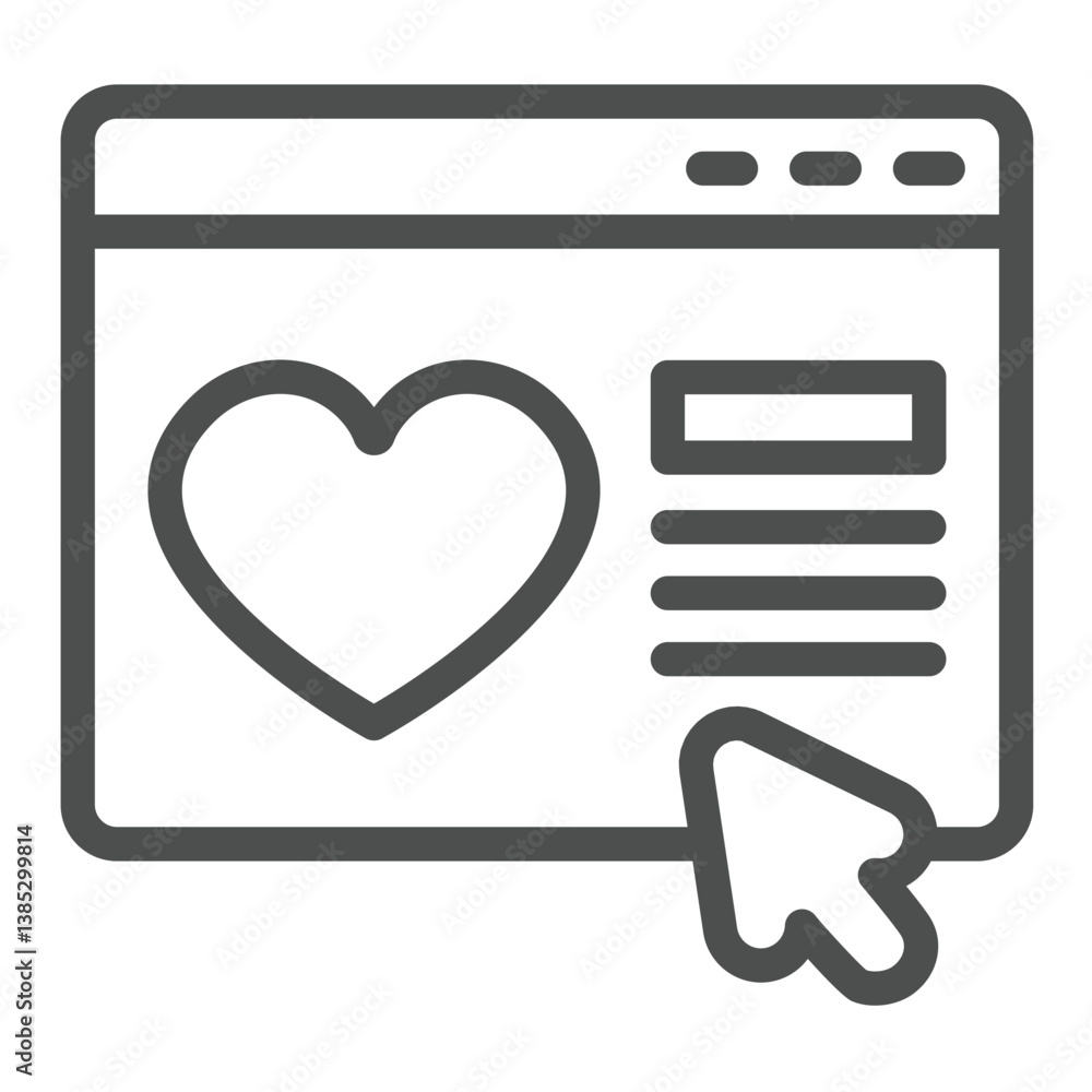 Poster website with heart and mouse pointer line icon, charity concept. vector graphics. landing page, dona