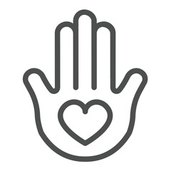 Hand palm and heart shape line icon, charity concept. Vector graphics. Amulet hand of miriam, hamsa sign on white background, outline style icon for mobile or web design.