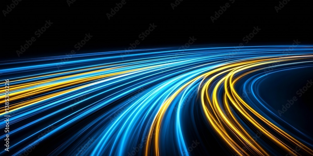 Fototapete Dynamic image showing striking blue and yellow light trails weaving through space in a captivating manner : Generative AI