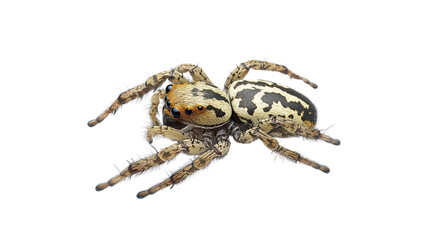 Fototapeta premium A close-up of a jumping spider on a white background, with its distinctive markings and posture, ready to jump.