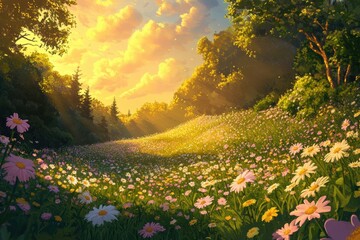 Obraz premium A sunny meadow filled with flowers bathed in golden sunlight