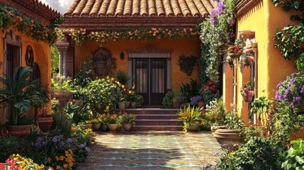 Fototapeta premium Sunny Courtyard, Mediterranean Villa, Floral Entrance, Vacation Home