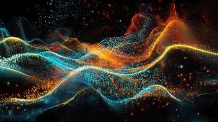 Abstract Particle Waves, Digital, Flowing, Orange, Teal, Background, Tech, Design