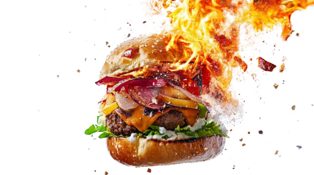 A close-up of a premium burger with layers of fresh ingredients, a shiny brioche bun, and fiery flames adding drama and energy, perfect for a high-impact food campaign,