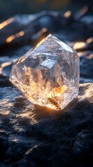 Natural crystal reflecting golden light on rocks high resolution picture
