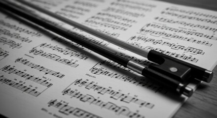Obraz premium Minimalist Monochrome Violin Bow on Sheet Music