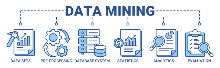 Data mining banner web icon set vector illustration concept with icon of data sets, pre-processing, database systems, statistics, analytics and evaluation icons. Outline blue color symbol background