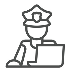 Policeman with hat and laptop line icon, law and order concept. Vector graphics. Policeman with computer database, officer sign on white background, outline style icon for mobile or web design.