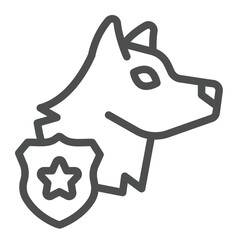 Search dog with police badge line icon, law enforcement concept. Vector graphics. Dog with emblem, animal sign on white background, outline style icon for mobile or web design.