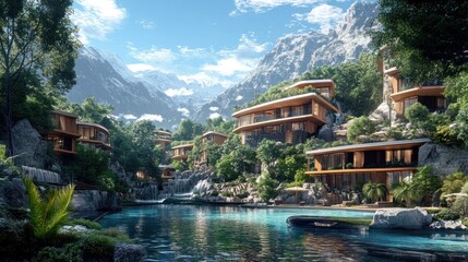 Obraz premium Mountain resort poolside villas, scenic valley