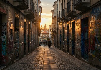Fototapeta premium Atmospheric Old Town Alleyway at Sunset with Graffiti Art, People, Buildings and Architecture.
