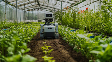 Naklejka premium An AI powered robot analyzing soil conditions for precision farming in a greenhouse, greenhouse with real-time soil data and robotic monitoring, Agriculture technology style