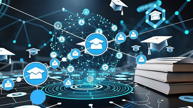 Digital Education Network Graduation Caps Books Technology Connections Virtual Learning Future Academic System - Powered by Adobe