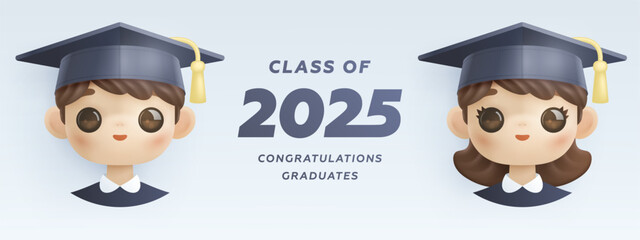 Class of the year 2025 with cartoon 3d boy and girl head and graduation cap on blue background. Congratulations graduates banner design template for social media. Vector illustration