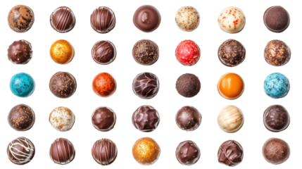 A beautifully arranged set of chocolate truffles and pralines isolated on white, with an array of colors, textures, and finishes that define each confection.